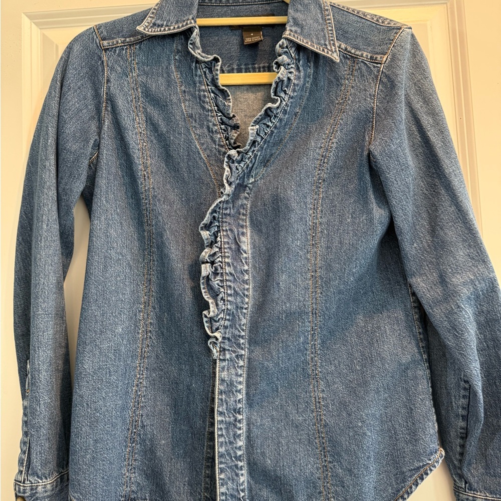 Harold’s Denim Ruffle Button-Up Shirt, EUC, 4